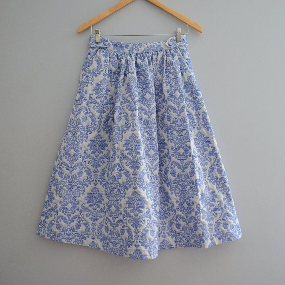 Women's H&M Blue and White Jacquard A-line Midi Skirt
